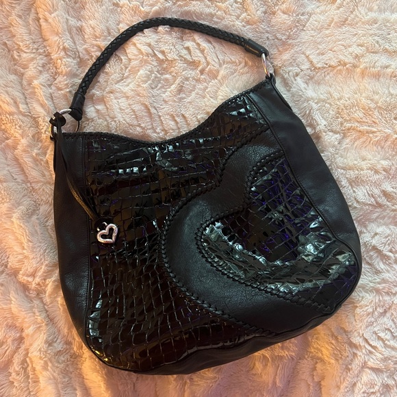 Vintage Brighton Black Leather Croc Patent Large Hobo Bag - Picture 1 of 7